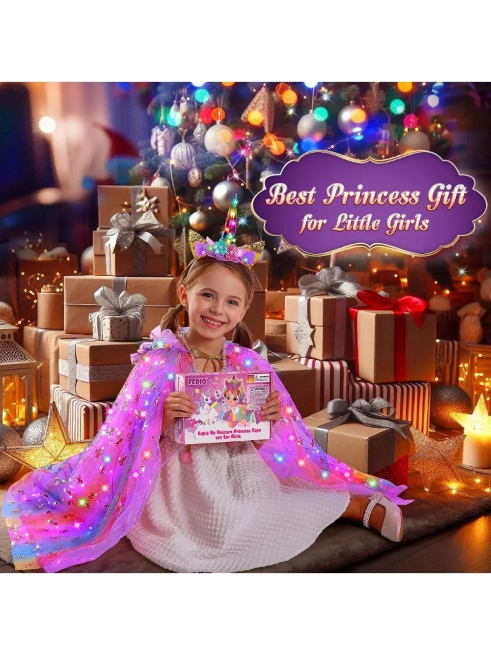 Purple Unicorn Princess Dress Up Set Light Up Cape Costume Girls Ages 3-8